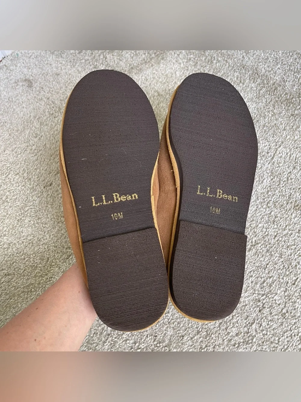 LL Bean Wicked Good Men's Slippers Tan Suede Shearling Warm Moccasin, Size 10M
